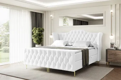 Produktbild von ALTDECOR Boxspringbett mit Gold Füßen, Matratze und Lattenrost, Topper, Fußteil, Polsterbett mit Bettkasten, Bett mit Stauraum H4-Matratze, Doppelbett - VILA-FZ-Z - 140x200 - Weiß Kunstleder