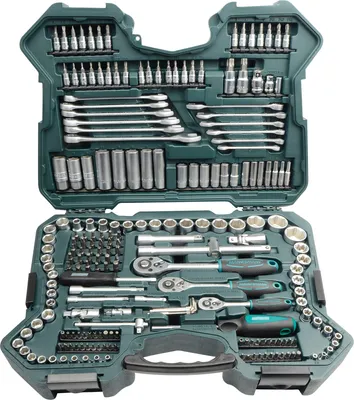 A tool kit laid out in its case.