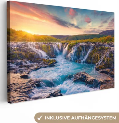 Produktbild von MuchoWow® - Leinwandbilder - Wasserfall - Pflanzen - Moos - Landschaft - Sonnenuntergang - Fels, Wandbild, Wanddeko Bilder Wohnzimmer, 90x60 cm