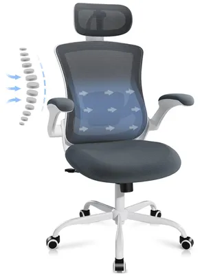 Produktbild von COLAMY Bürostuhl – Ergonomischer Bürostuhl mit Kopfstütze, Lendenwirbelstütze, klappbaren Armlehnen und 140° Wippfunktion, grau