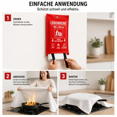 Produktbild von Löschdecke 100x100cm,Brandschutz Decke nach DIN EN 1869:2001 MPA , Glasfaser Branddecke in Rotem Etui,Feuerdecke für Küche, Zuhause, Camping, KI-generiertes Bild