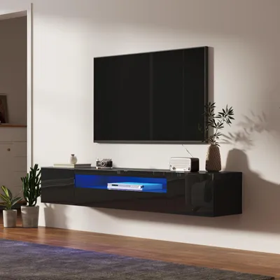 Produktbild von Radelldar Lowboard mit LED-Beleuchtung, TV-Schrank, Hochglanz, für Fernseher bis zu 85 Zoll, hängend, 180cm, Schwarz