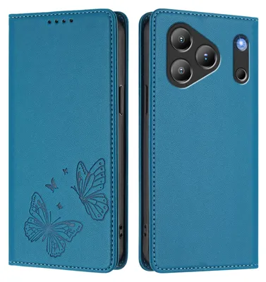Produktbild von Lederhülle für Blackview Wave 7C, Schmetterling Prägung Leder Brieftasche Schutzhülle mit Ständer Blau