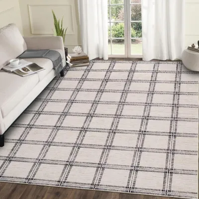 Obrázek produktu pro Koberec Karierter – pratelný koberec do obývacího pokoje – 240 × 340 cm – 100 % polyester – krátký vlas – odolný proti skvrnám – gumová spodní strana – béžová barva