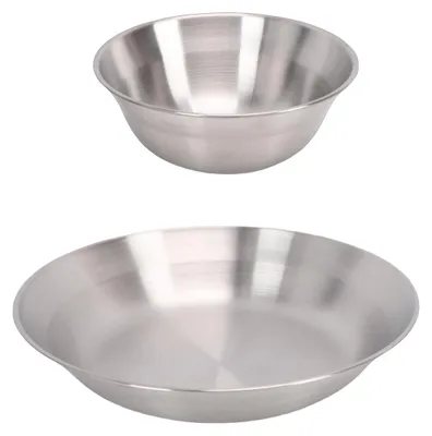 Produktbild von Tragbares Camping-Geschirrset aus Edelstahl: doppelwandige Tasse, dickwandige Schüssel, Teller, Messer, Gabel und Löffel – Besteckset für Camping, Picknick, Strand und Partys