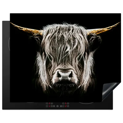 Produktbild von KitchenYeah© Herdabdeckplatte Schottischer Highlander - Gold - Hörner - Schwarz und weiß - Kuh - Tiere , 65x52cm, Küche Deko, Glaskeramikkochfeld Herdabdeckung, Abdeckplatte fùr Kochfeld