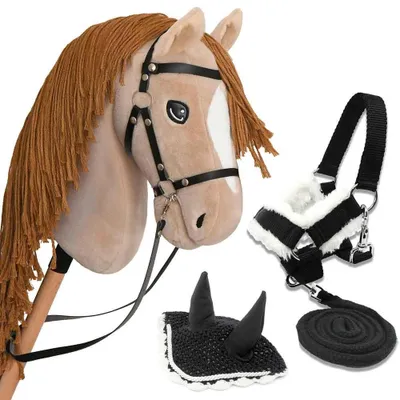 Productafbeelding van Hobby Horse Perlino set met bit, hoofdstel, longeerlijn en hoofdstelkap, allemaal zwart - Formaat A3