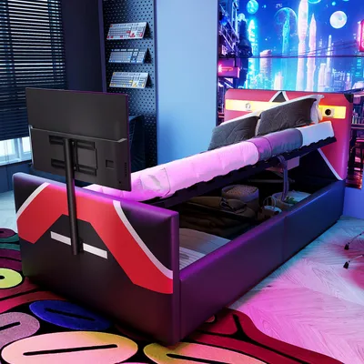Produktbild von Flieks Hydraulisches Polsterbett 90x200cm mit Led, Kinderbett Jugendbett mit TV-Halterung, Einzelbett Stauraumbett mit Lattenrost, PU, Schwarz Rot