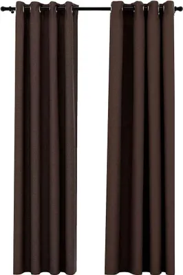 Two brown curtains hanging from a rod.