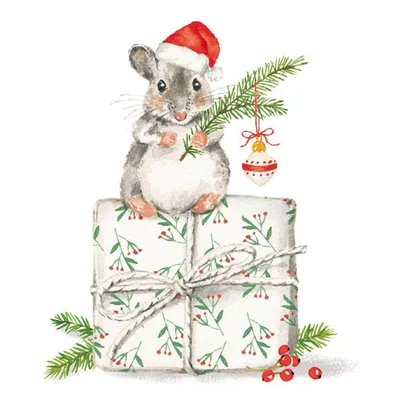 Produktbild von 20 Servietten Christmas Fridolin - Weihnachtsmaus auf Geschenk 33x33cm