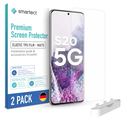 A product package for a screen protector for a Samsung Galaxy S20 5G phone, with the phone and screen protector shown.