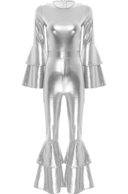 Produktbild von Damen Disco Kostüm Gr S Silber 70er Jahre Metallic Jumpsuit Schlaghose – Retro Overall Karneval Halloween Fasching Party Show