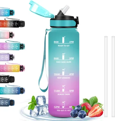 Produktbild von Trinkflasche 1 Liter, auslaufsicher, mit Trinkhalm, Motivationszeitskala, für Sport und Outdoor