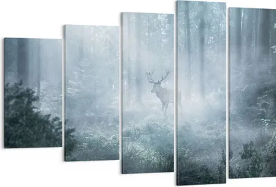Produktbild von Bild auf Leinwand - Leinwandbild - 5 Teile - Hirsch Wald Morgendämmerung - 150x100cm - Wand Bild - Wanddeko - Wandbilder - Leinwanddruck - Bilder - Wanddekoration - Leinwand bilder - EG150x100-4667