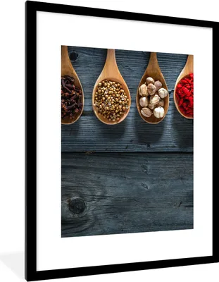 Produktbild von MuchoWow® Gerahmtes Poster Gewürze - Löffel - Holz - Küche - Gewürze - Industrie 60x80 cm - Poster mit Schwarzem Bilderrahmen Wandposter Rahmen Foto Bilder - Wohnzimmer - Dekorationen - Prämie