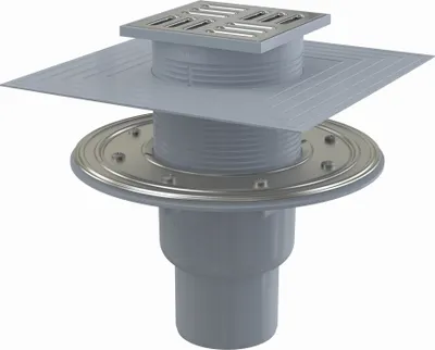 Produktbild von AlcaDrain Bodenablauf 105×105/50/75 mm mit einem senkrechten Abgang, Edelstahl Rost, Edelstahl-Dichtungflansch und Manschette-2. Abdichtung, Kombi-Geruchsverschluss SMART