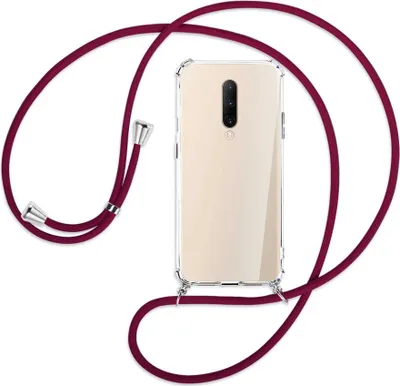 Produktbild von Handykette Backcover-Schutzhülle mit Band (Metall silberfarben) für OnePlus 7 Pro - dunkelrot