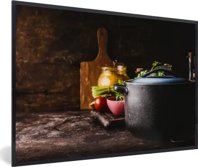 Produktbild von MuchoWow® Gerahmtes Poster Rustikal - Stilleben - Pfanne - Gemüse 90x60 cm - Poster mit Schwarzem Bilderrahmen Wandposter Rahmen Foto Bilder - Fotorahmen - Foto-Plakat