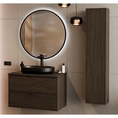 Image de Ensemble Complet Meuble Vasque 80 cm + Plateau + Vasque + Miroir LED + Colonne - L 80 x P 46 x 51,5 cm - Caldera Foncé