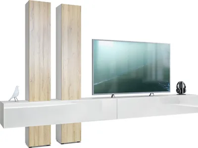 Produktbild von Vladon Wohnwand Moja,  Germany, - Weiß matt & Weiß/Eiche Natur - Moderne Anbauwand für Ihr Wohnzimmer (BxHxT) 330 x 204 x 39 cm