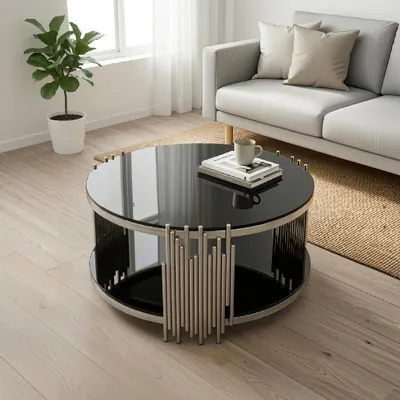 Produktbild von okwish Runder Couchtisch Beistelltisch mit Stauraum und Doppelglas Top Sofatisch Kaffeetisch mit silberfarbenem Stahlgestell Für Wohnzimmer 80cm Schwarz+Silber