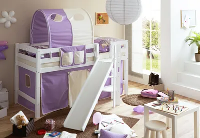 Produktbild von Podestbett mit Rutsche "Tino" Buche Weiß Classic (Lila-Beige)