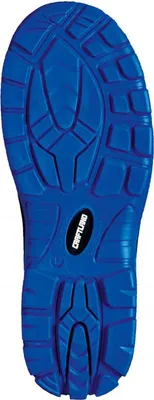 The sole of a blue boot is shown against a white background.