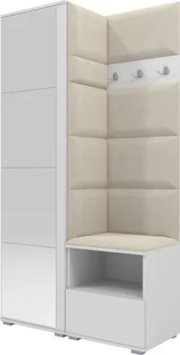 Produktbild von Garderoben-Set Nela I mit Spiegel, Polstergarderobe mit Schuhschrank, Dielenmöbel-Set mit Hochschrank (Farbe: Weiß + Trinity 01 (Creme))