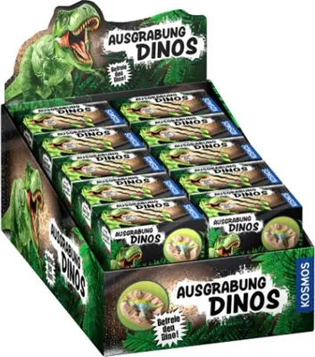 A display box filled with individual product boxes, featuring dinosaur graphics and text.