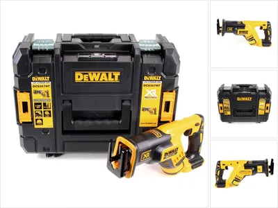 A collage of images showing a DeWalt reciprocating saw and its storage case.