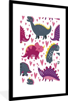 Produktbild von MuchoWow® Gerahmtes Poster Dino - Herz - Muster - Rosa - Mädchen - Dinosaurier 60x90 cm - Poster mit Schwarzem Bilderrahmen Wandposter Rahmen Foto Bilder - Dekoration - Wandposter Wohnzimmer - Hochwertig