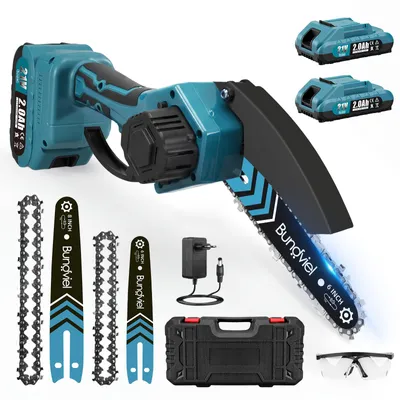 Produktbild von 21V Mini Kettensäge mit 2x Akku 2.0Ah 6+8 Zoll,Akku Kettensäge Handkettensäge Akku für Gartenscheren Astschere