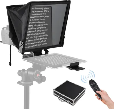 Produktbild von Tragbarer Teleprompter 14-Zoll-Universal-Prompter mit zwei Kaltschuhhalterungen und 1/4-Zoll-Gewindeloch mit Fernbedienung und Tragetasche, kompatibel mit Smartphone/Tablet/DSLR-Kamera fuer Interviews, Buehnenreden, Live-Streaming, Online-Video-Vlog