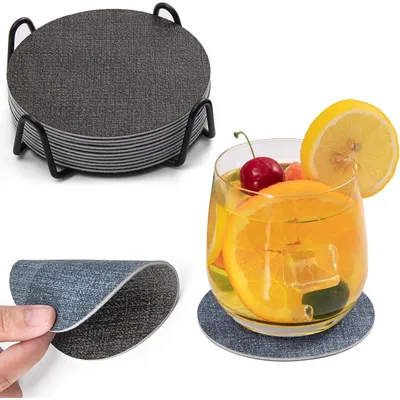 Produktbild von Untersetzer 12er Set, Rund, Kunstleder, Grau Hellblau, Abwaschbar, Rutschfest