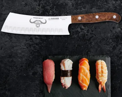 Zdjęcie produktu dla Nóż santoku, nóż kuchenny, nóż do siekania, nóż do mięsa, ostry nóż, Giesser Premium Cut Yobocho No.1, akrylowy, kolor Spicy Orange, stal specjalna BBQ