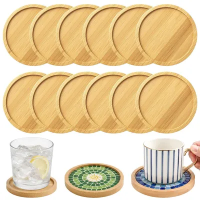 Immagine prodotto di Sottobicchieri in legno e bambù, forma rotonda, confezione da 12 pezzi, diametro 9,5 cm