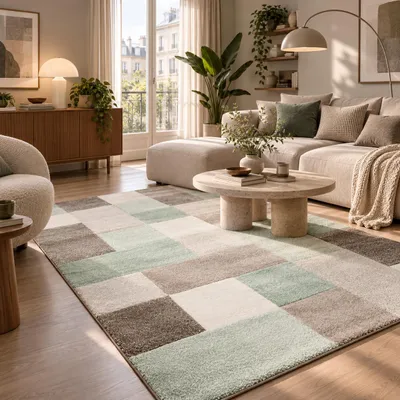Produktbild von Designer Teppich Maui Pastell Grün Beige Karo, Größe:80x150 cm, KI-generiertes Bild