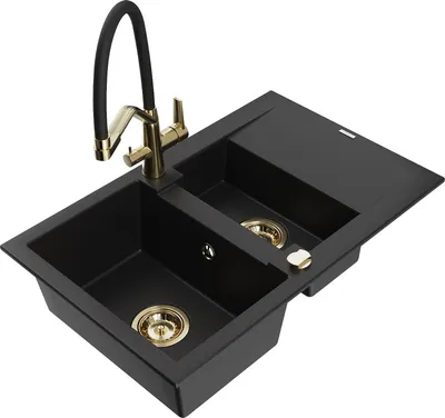 Produktbild von Mexen Gaspar 1,5-Becken-Granitspüle mit Abtropffläche und Mischbatterie Duo, Schwarz - 6507-77-671701-57-G