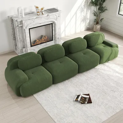 Produktbild von MODFU 4-Sitzer Ecksofa Cord,Modulares Sofa mit Geschwungene Armlehnen und Rutschfeste Unterseite,Rahmenloses Loungesofa,ohne Ottoman,Grün