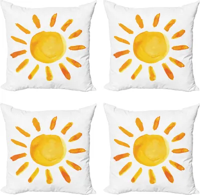 Produktbild von ABAKUHAUS Grunge Kissenbezug Set (4 Stück), Aquarell Sun Childish, Moderner Doppelseitiger Digitaldruck, 45 cm x 45 cm, Gelb