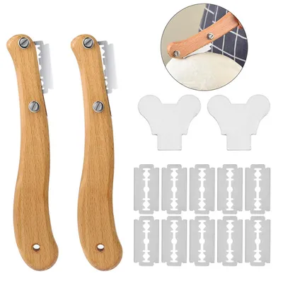Produktbild von Brotmesser Teigschneider 2 Stück mit Holzgriff, 5 Klingen & Schutzkappe, einfach zu wechseln, ideal für Brot, Kuchen & DIY Backen
