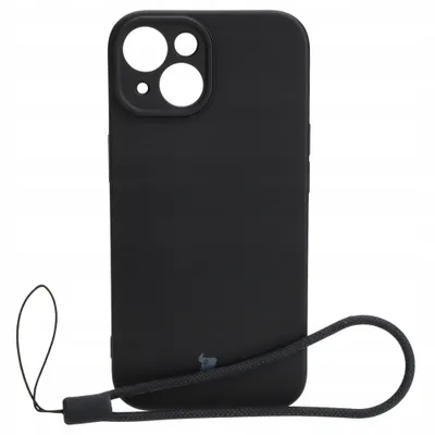 A black smartphone case with a lanyard is shown against a white background.