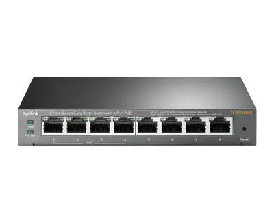 A TP-Link 8-port Gigabit managed POE+ switch is shown against a white background.