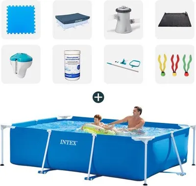 Obrázek produktu pro Bazén Intex – kompletní sada – 260 x 160 x 65 cm – včetně bazénových kamenů – krycí plachta – filtrační čerpadlo – solární panel – generátor chlóru + teploměr – chlorové tablety – sadu na údržbu – hračky do vody