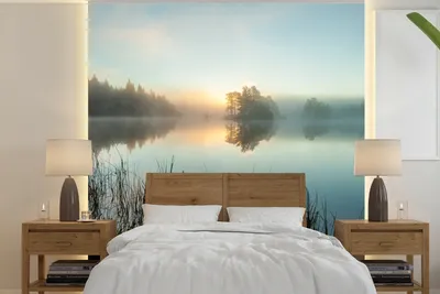 Produktbild von MuchoWow® Fototapete für Wohnzimmer oder Schlafzimmer Wandtapete Vinyl Motivtapete Sonnenaufgang am See - 350x350 cm - Schlafzimmertapete