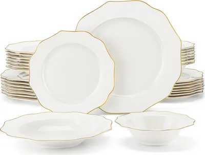 Image de MALACASA Service combiné avec ligne de bordure dorée (32 pièces), Service de table en porcelaine à l'os, Set de vaisselle pour 8 personnes