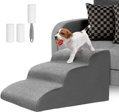 Productafbeelding van Famanu trap voor kleine honden, met 3 treden - wasbare huisdiertrap - grijze pluche bekleding
