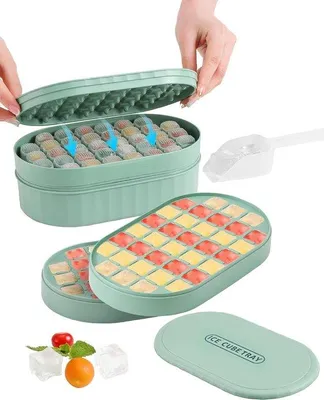 Zdjęcie produktu dla Silikonowe foremki do kostek lodu z pokrywką, na 72 kostki, bez BPA, w zestawie pojemnik na kostki lodu i łyżeczka, kolor zielony, idealne do schłodzonych napojów i owoców.