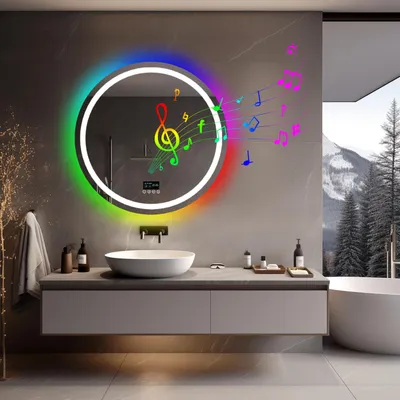 Immagine prodotto di Specchio da bagno rotondo a LED Vrygle da 60 cm con RGB — Cambio colore, illuminazione frontale e retroilluminazione, intensità regolabile, 4 pulsanti touch, antiappannamento, memoria, specchio da parete per bagno