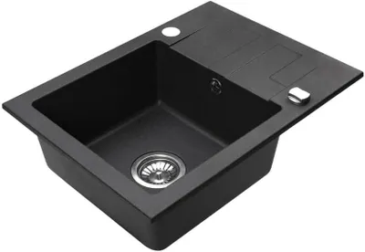 Produktbild von VBChome Granitspüle 59 x 44 cm Schwarz Einzelbecken Einbauspüle Reversibel Gesprenkelt Pflegeleichtes Spülbecken mit Siphon Ideal für kleine Küchen